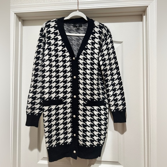 Lulus Truly Iconic Black and White Houndstooth Cardigan Sweater Dress - Picture 4 of 7